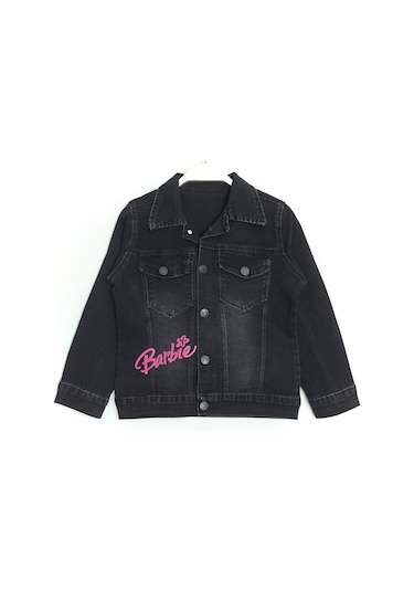 Dobakids Barbie Baskılı Gömlek Yaka Kız Çocuk Kot Ceket 3-12 Yaş Siyah