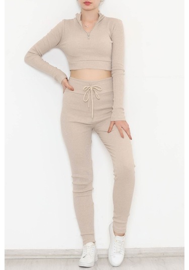 Mokashopin - Fermuarlı Crop Takım Bej - 12130.1748. 001
