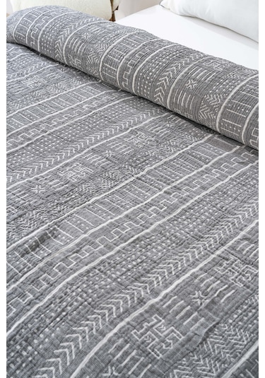 Etno Antrasit Çift Kişilik %100 Pamuklu Müslin Pike & Yatak Örtüsü Antrasit