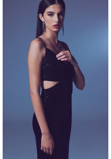 Dekolteli Payet Elbise - Siyah-135638 Siyah