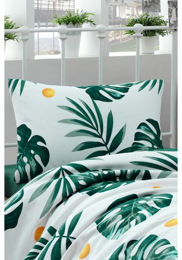 Tek Kişilik Baskılı Pike Takımı Monstera Yeşil Yeşil