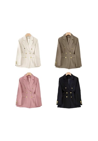 Kadın Blazer Ol Tarzı İşe Gidip Gevşek Düz Renk Kruvaze Uzun Kollu Yaka Çentik Yaka Cepler Resmi İş Ceket Pembe
