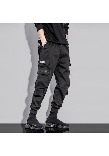Sones Erkek Bağcıklı Pantolon Bol Kesim Pantolon Çoklu Cepli Siyah