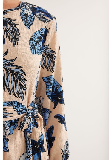 Bigdart Kadın Mavi Krem Desenli Örme Tesettür Elbise 1525 001