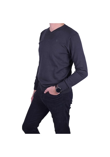 Erkek V Yaka Triko Kazak Füme Regular Fit Pamuklu, Ot-Kzk-20005 Füme