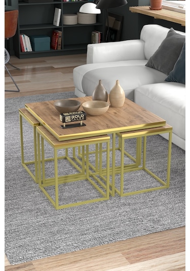 Orta Sehpa Ve Zigon Sehpa 5'li Lüx Set Altın Ceviz