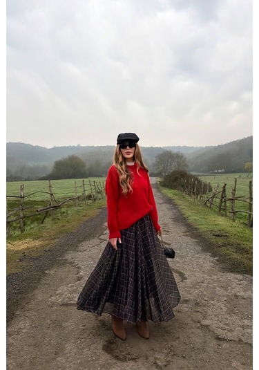 Siyah Şifon Ekoseli Etek - 0613 Siyah