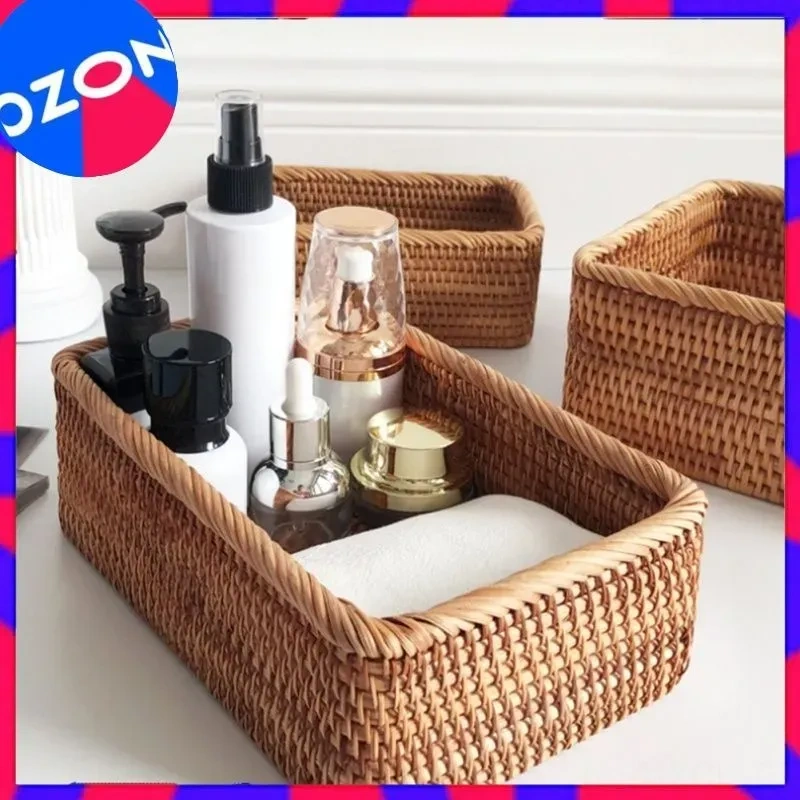 Konesam Vintage Tarz El Dokuma Rattan Depolama Sepeti, 20x14x7 Cm, Kahve-atıştırmalık-aksesuar Depolama, Dayanıklı Doğal Rattan Malzeme Kahverengi