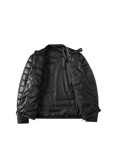 Düz Şişme Mont Hakiki Kuzu Derisi Siyah