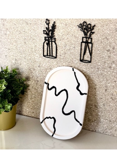 Thiramis Homeconcept Beyaz & Siyah Dalga Detay Dekoratif Tepsi 24x15