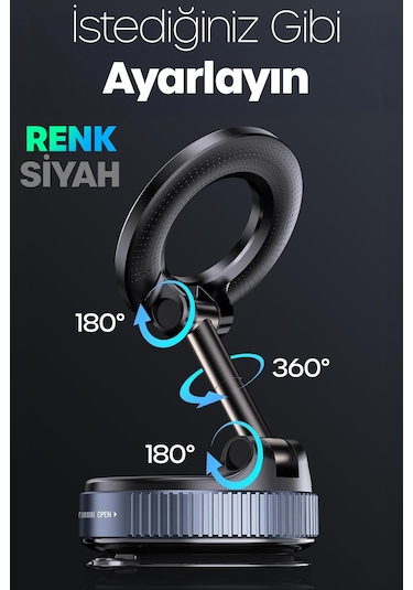 2li Magnetpro 360 Ayarlanabilir Araç İçi Masa Üstü Vakumlu Mıknatıslı Magsafe Telefon Tutucu Siyah Siyah