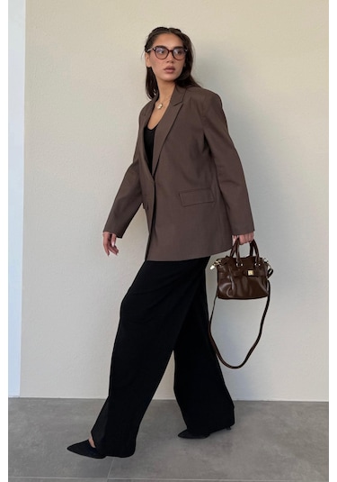 Madmext Kahverengi Oversize Blazer Kadın Ceket Mg2445 Kahverengi