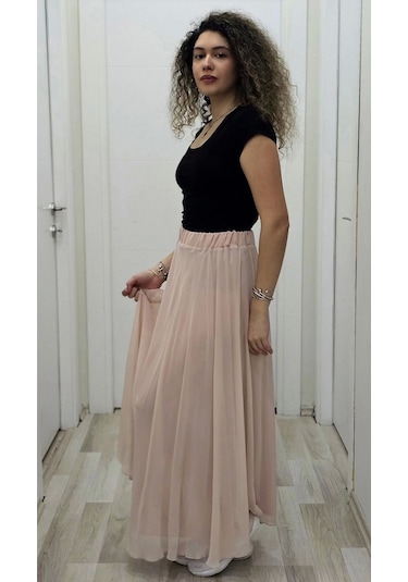 Bel Lastikli Kloş Şifon Etek 6003-pudra Pudra