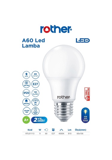 Rtl01113 Rother A60 Led Ampul 9w E27 810 Lümen 4000k Gün Işığı - Enerji Tasarruflu Ampul