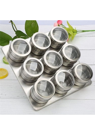 Paslanmaz Çelik Masa Üstü 9Lu Mıknatıslı Baharatlık Takımı Cin220 Gri