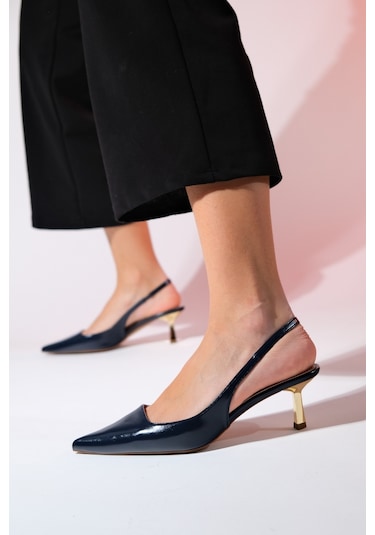 Luvishoes Marten Laci Cilt Kadın Sivri Burun Arkası Açık İnce Topuklu Ayakkabı Lacivert