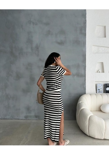 Feu Viskon-pamuk Bluz-yırtmaçlı Midi Etek Alt Üst Takım Siyah-beyaz Siyah - Beyaz