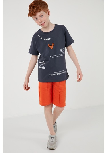 Lela Pamuklu Baskılı Bisiklet Yaka Kısa Kollu Şortlu Erkek Çocuk Takım 6212010 Füme