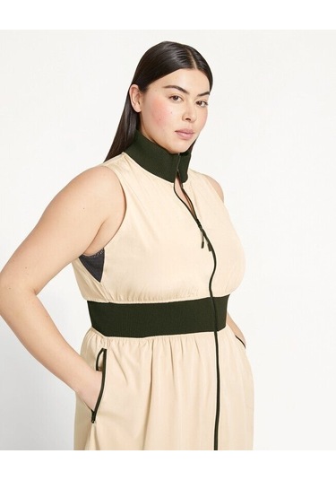 Kadın Dik Yaka Önü Fermuarlı Yırtmaçlı Baharlık Yazlık Beli Lastikli Şık Ceket Elbise Bej