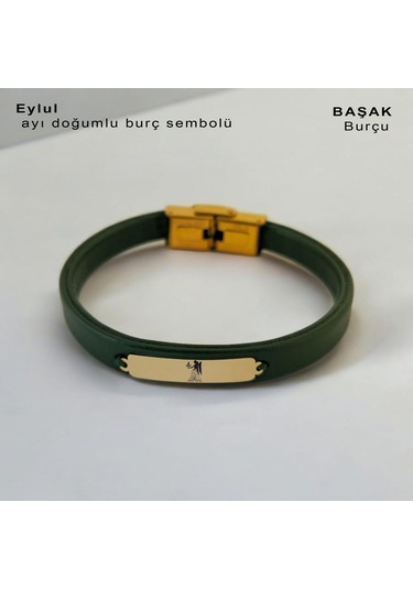 Archin Başak Burçlarına 14 Ayar Altın Plakalı Dikdörtgen Motifli Yeşil Derili Hediye Bileklik-371burç Başak