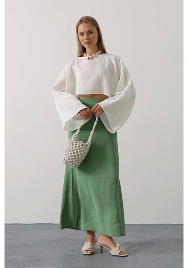 Defymoda Yarasa Kollu Crop Bluz - Beyaz Beyaz