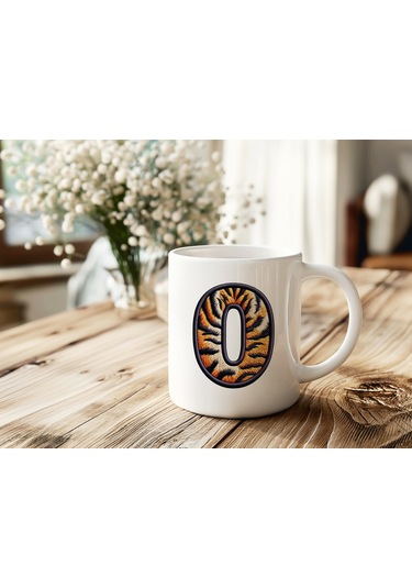 O Harfi Kaplan Figürlü Nakış Desenli Kupa Bardak - Kişiye Özel Vahşi Hayvan Desenli Kupa - Hediye Beyaz