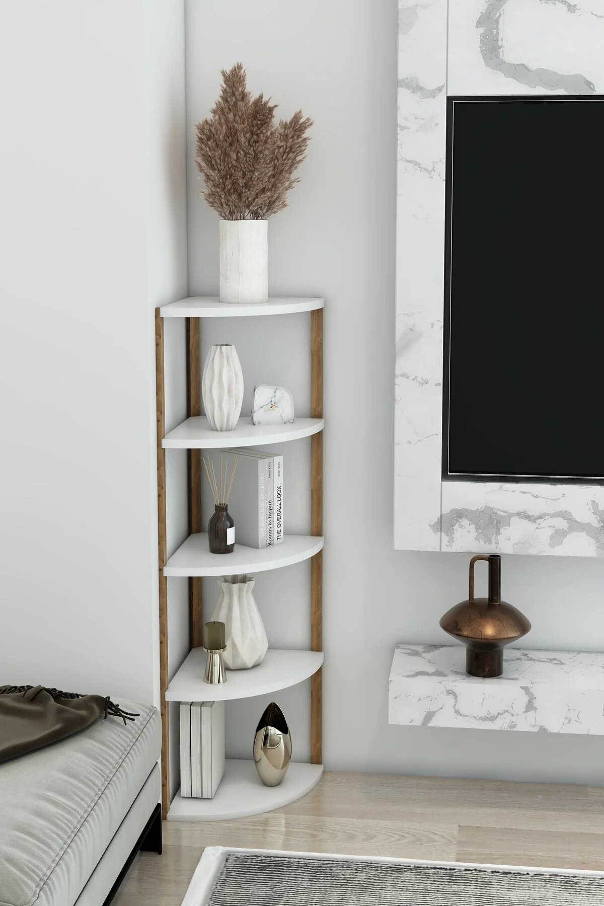 Zümrüt 5 Katlı Üçgen Ahşap Çok Amaçlı Sehpa / Saksılık-çiçeklik / Dekoratif Raf Beyaz