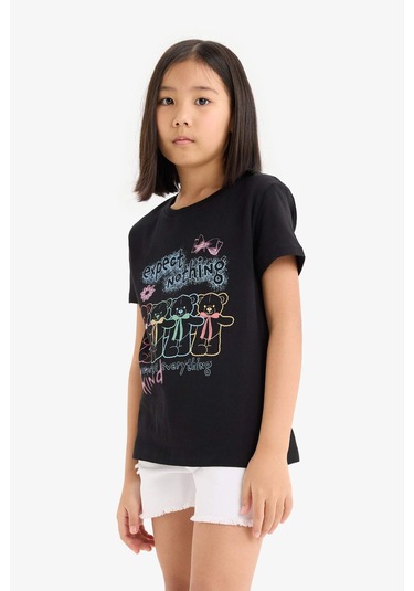 Defacto Kız Çocuk Bisiklet Yaka Baskılı Kısa Kollu Tişört E0350a825smbk81 Siyah