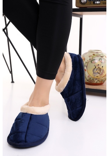 Wordex U040 Kadın Erkek Ev İçi Yünlü Kışlık Ev Pandufu Ev Ayakkabısı Lacivert