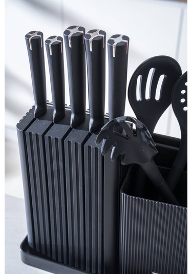 Cooper 14 Parça Standlı Kesme Tahtası Servis Ve Bıçak Seti Siyah