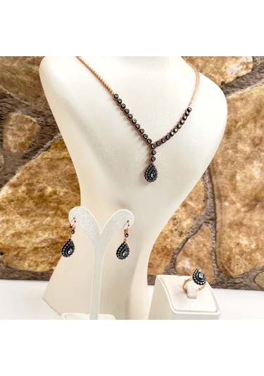 Elmas Montür Rosegold Damla Gümüş Set Takım - Lvrset11 Rose Gold