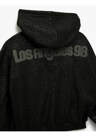 Koton Şardonlu Kapüşonlu Baskılı Cep Detaylı Fermuarlı Sweatshirt Siyah 6wal10488ık Siyah