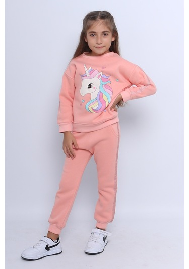 Kız Çocuk 3 İplik Eşofman Takımı Unicorn Baskılı Şeritli C25 Somon