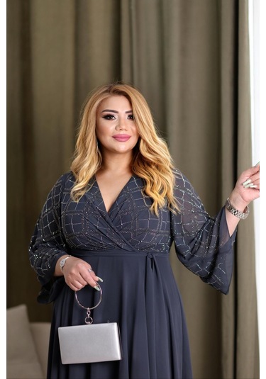 Lady Sharm Şifon Üzeri Kristal Taşlı Kadın Elbise Gri