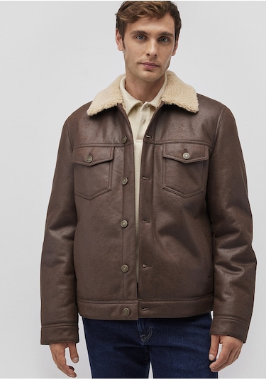 Mavi - Suni Kürk Detaylı Kahverengi Suni Deri Ceket 0110460-71603 Kahverengi