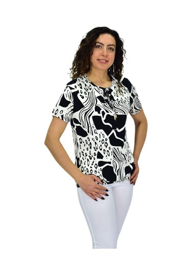 Kadın Kısa Kol Baskılı Bluz Bgl-st04701 Siyah