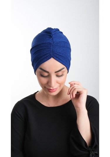 Saks Mavisi Pratik Hazır Geçmeli Tesettür Bone Fukuro Simli Büzgü Çok Renkli