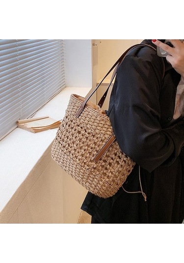 Ganzhoushop Yaz Üst Tote Saplı Plaj Omuz Kova Khaki Kapasiteli Kadınlar İçin Hasır Dokuma Çantası Çantası Çanta Büyük Alışveriş My Haki