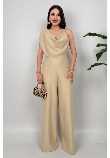 Élan Kadın Taş Drapeli Detaylı Tulum Dokulu Kumaş Şıklığı Taş