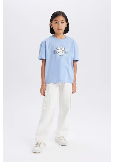 DeFacto Kız Çocuk Relax Fit Bisiklet Yaka Baskılı Kısa Kollu Tişört E0355A825SMBE551 Mavi