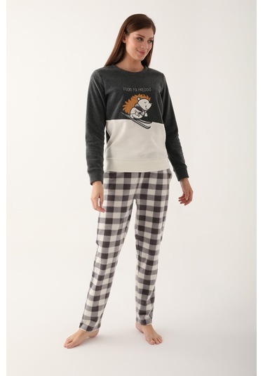 Arnetta Fa Fredo Koyu Gri Kadın Uzun Kol Pijama Takım