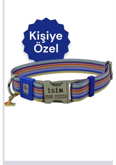 İsimli Köpek Tasması, Orta Ve Büyük Irk, Metal Kilitli Maviçzgmtl Mavi