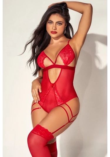 New Dreams Modern Göz Alıcı Kırmızı Dantelli Çoraplı Tasarım Jartiyer Gecelik Kırmızı