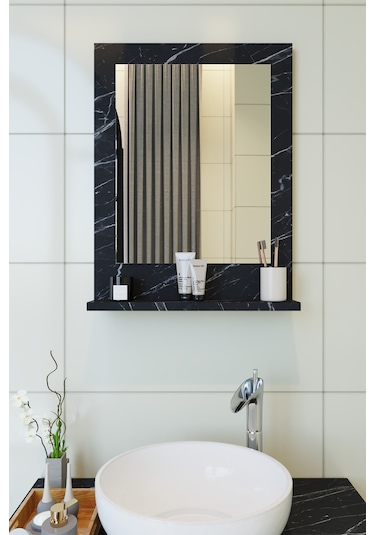 Makbulce Safir Raflı Banyo Aynası Dresuar 45 x 60 Mermer Beyaz - Siyah