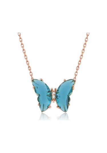 Blackcraft 925 Ayar Gümüş Rose Turkuaz Cam Kelebek Kolye Koleksiyon