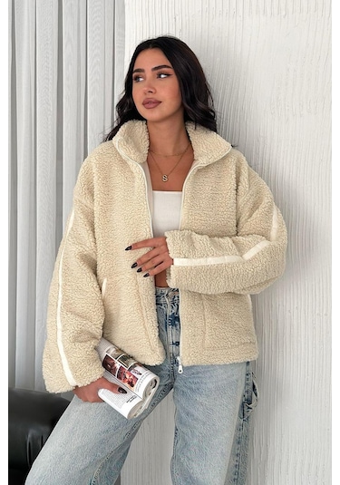 Kadın Fermuarlı Oversize Astarlı Peluş Ceket Yumuşak Dokulu & Konforlu Stil Bej