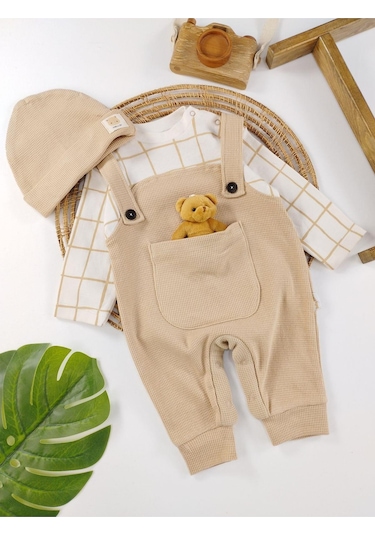 Aydınlar Bebe Waffle Bereli Ayıcık Oyuncaklı Çıtçıtlı Erkek Bebek Tulum Krem