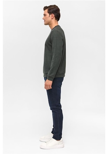 Haki Regular Düz Bisiklet Yaka Sweatshirt Haki