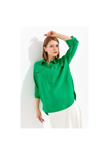 Kadın Polo Yaka Cepli Bluz Yeşil Yeşil