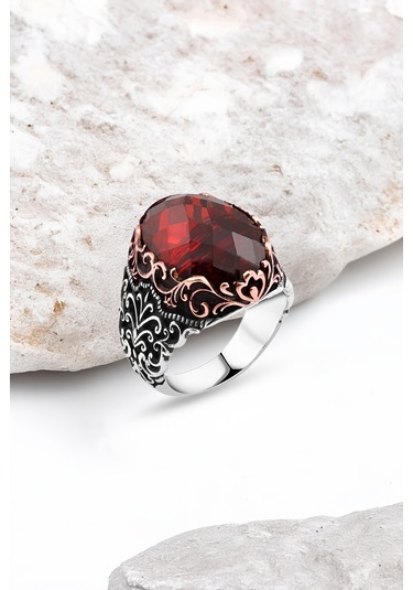 Kırmızı Zirkon Taşlı Gümüş Erkek Yüzük -4470
